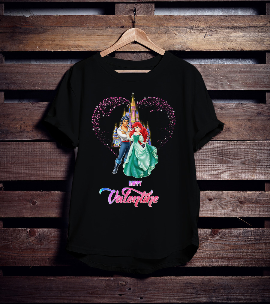 Happy Valentine Ariel Disney Princess Castle Hearts T-Shirt