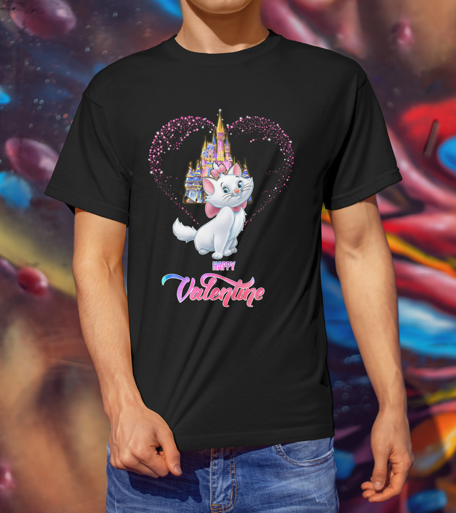 Happy Valentine Marie Cat With Castle Heart T-Shirt