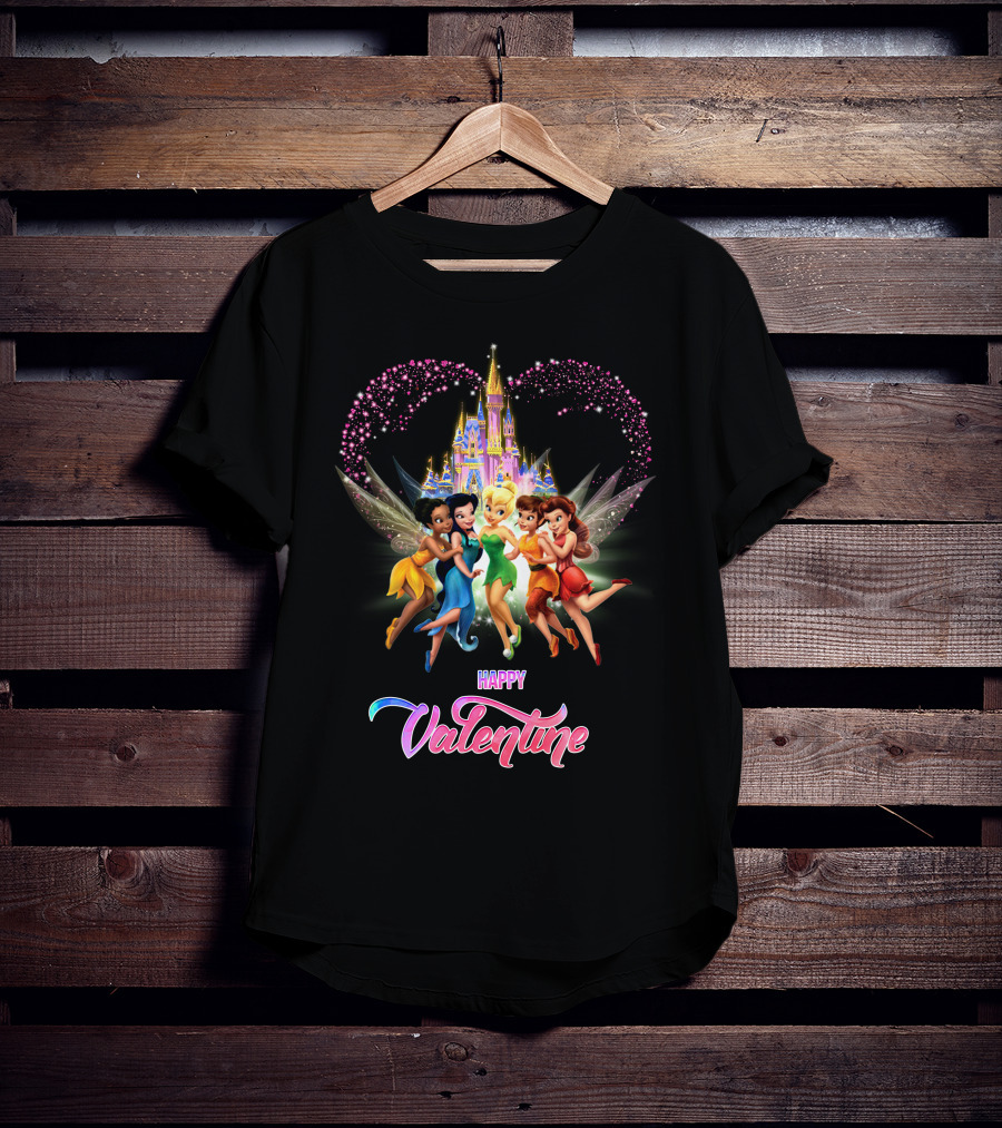 Happy Valentine Tinkerbell And Friends With Castle And Heart Magic T-Shirt