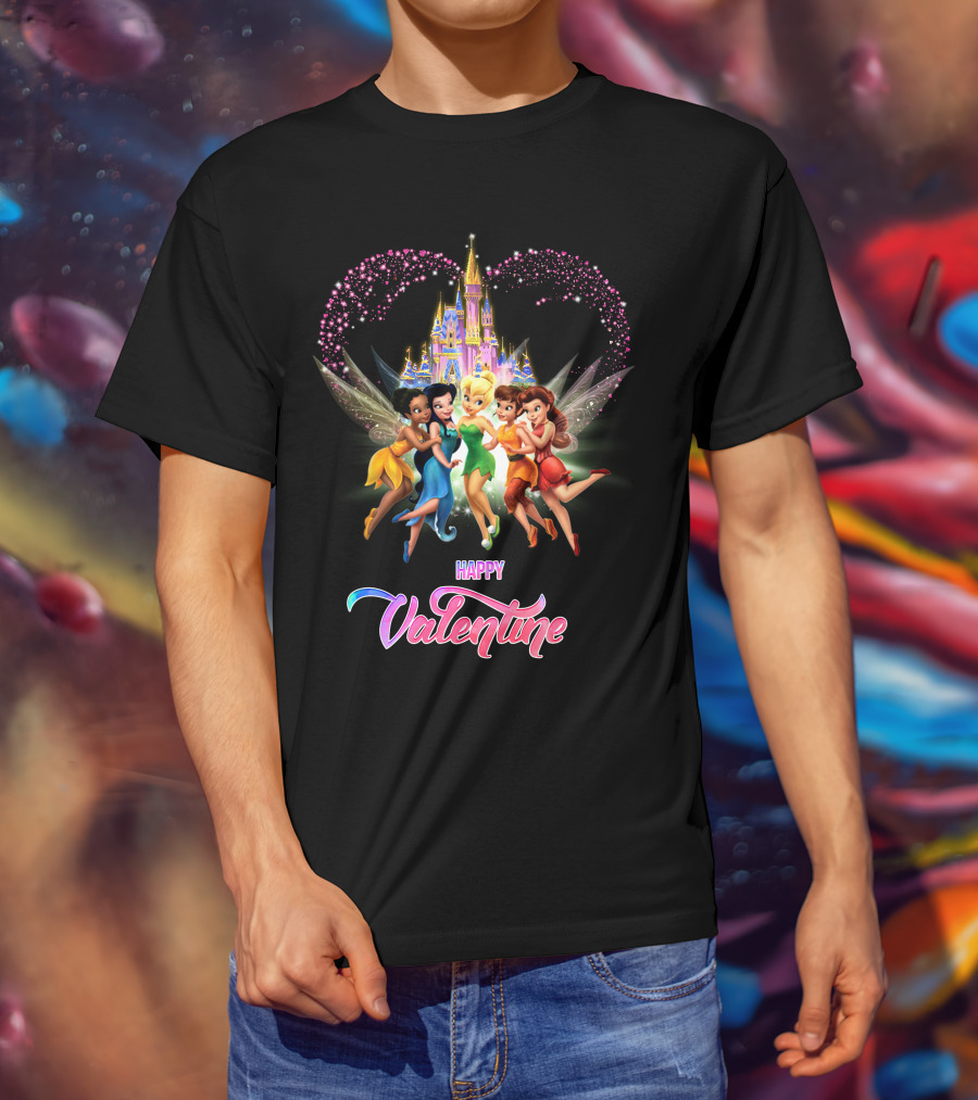 Happy Valentine Tinkerbell And Friends With Castle And Heart Magic T-Shirt