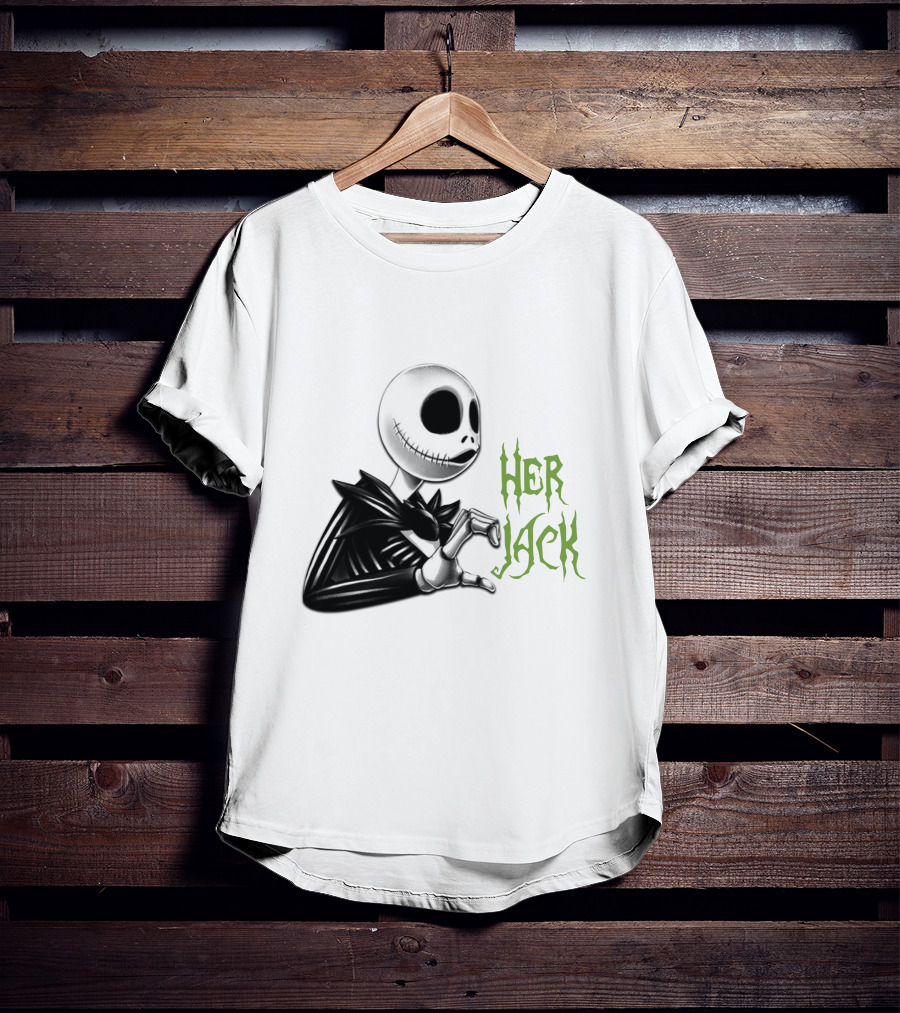 Her Jack Skeleton Character Sketch Black And White Green Lettering T-Shirt