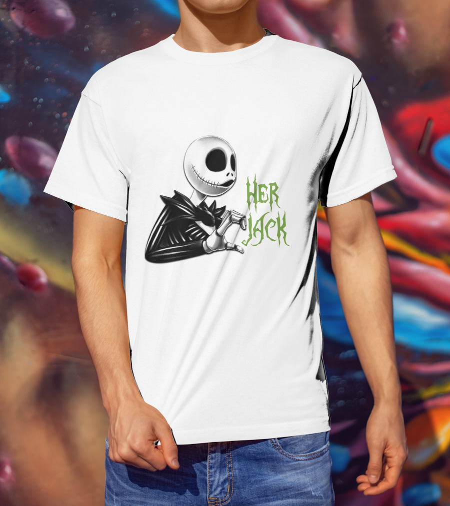 Her Jack Skeleton Character Sketch Black And White Green Lettering T-Shirt