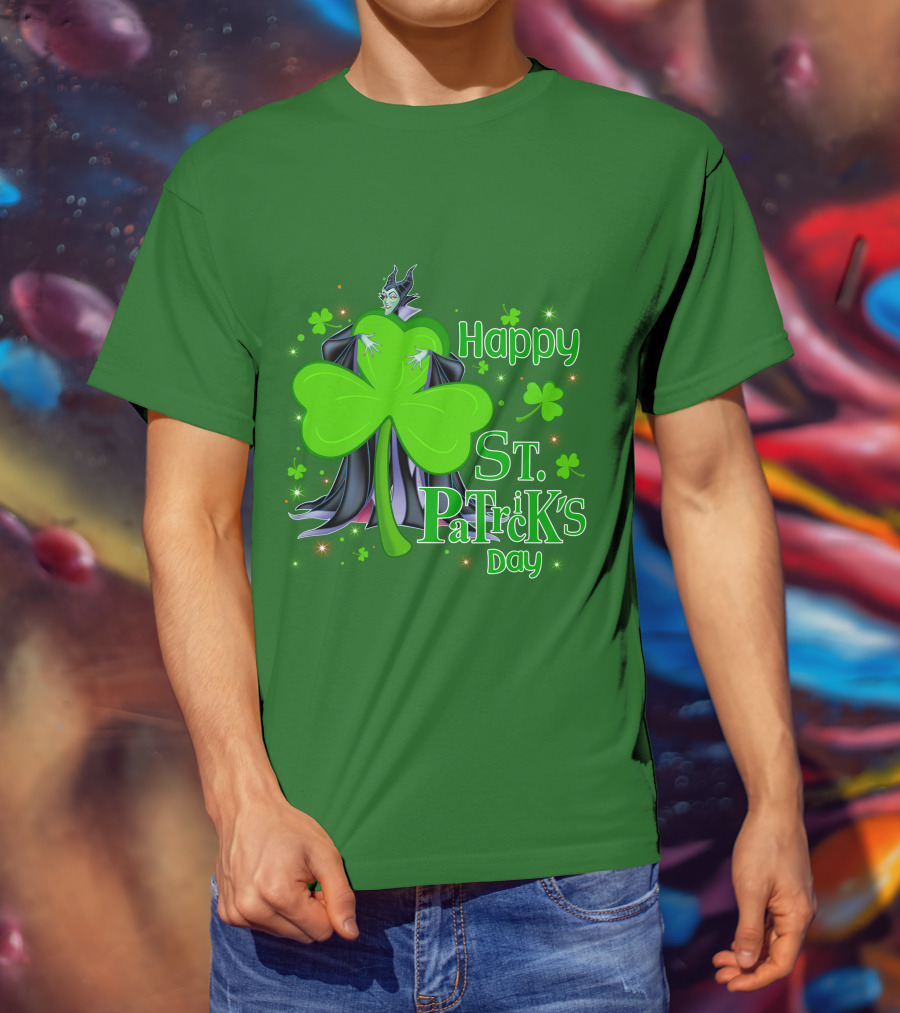 Maleficent Happy St Patrick's Day Shamrock Clover Sparkle T-Shirt