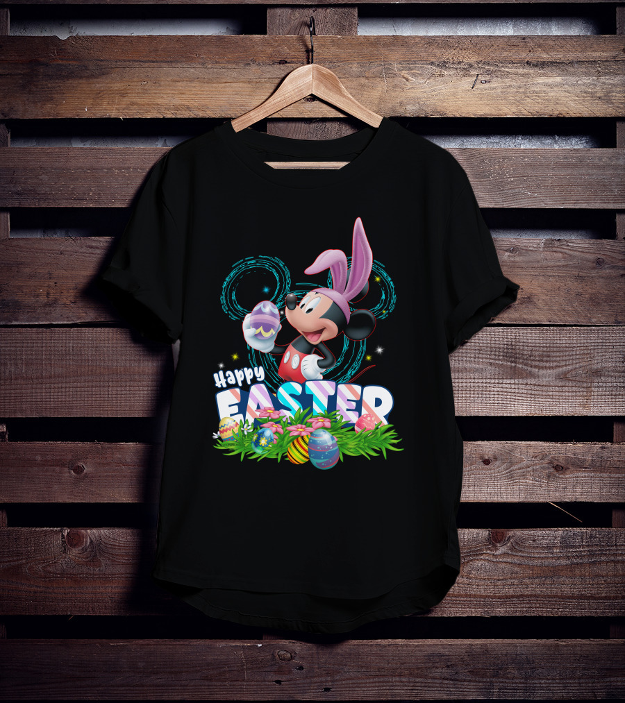 MK Happy Easter Mickey Mouse Bunny Ears Holding Colorful Easter Eggs In Grass T-Shirt