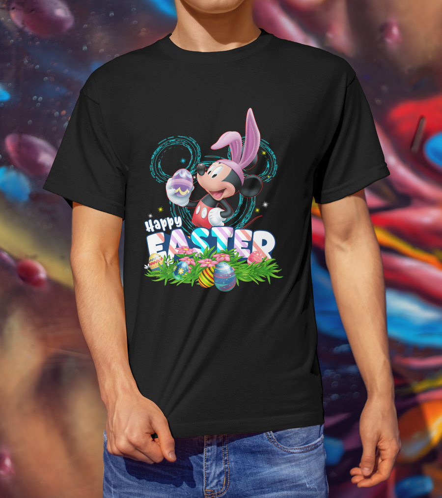 MK Happy Easter Mickey Mouse Bunny Ears Holding Colorful Easter Eggs In Grass T-Shirt