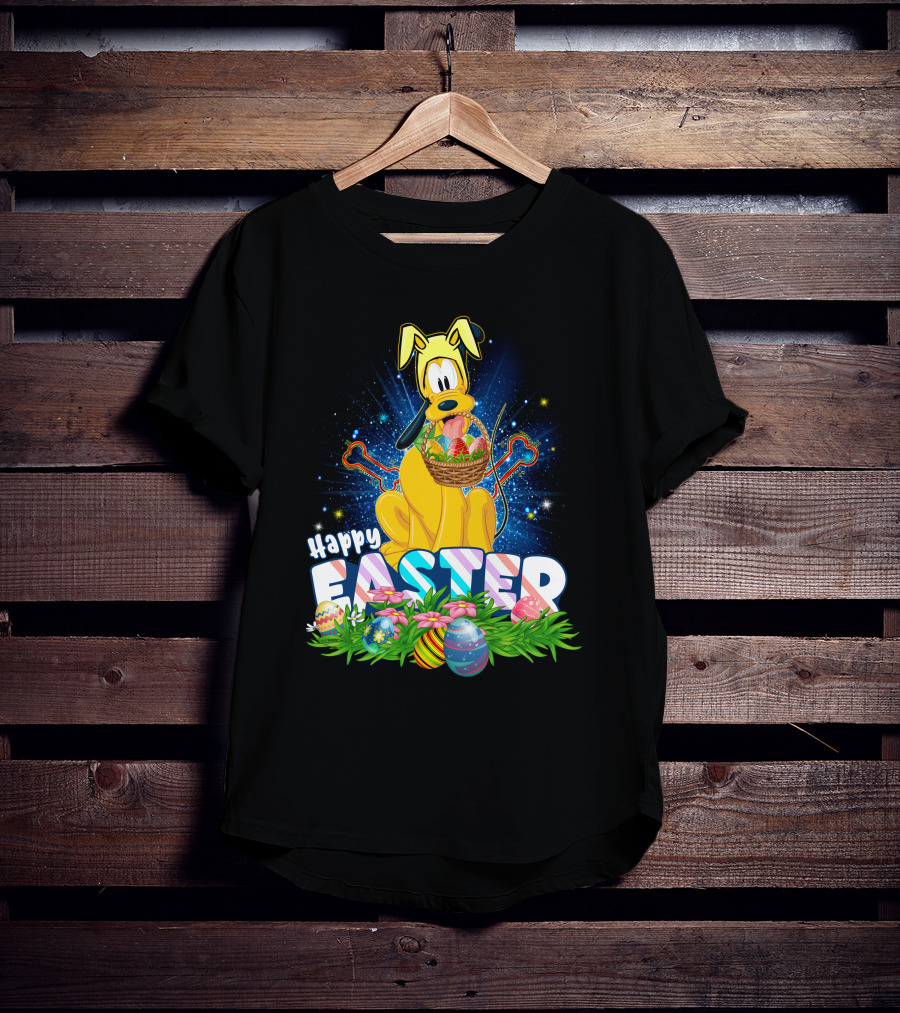 Pluto Happy Easter Basket With Eggs And Flowers T-Shirt