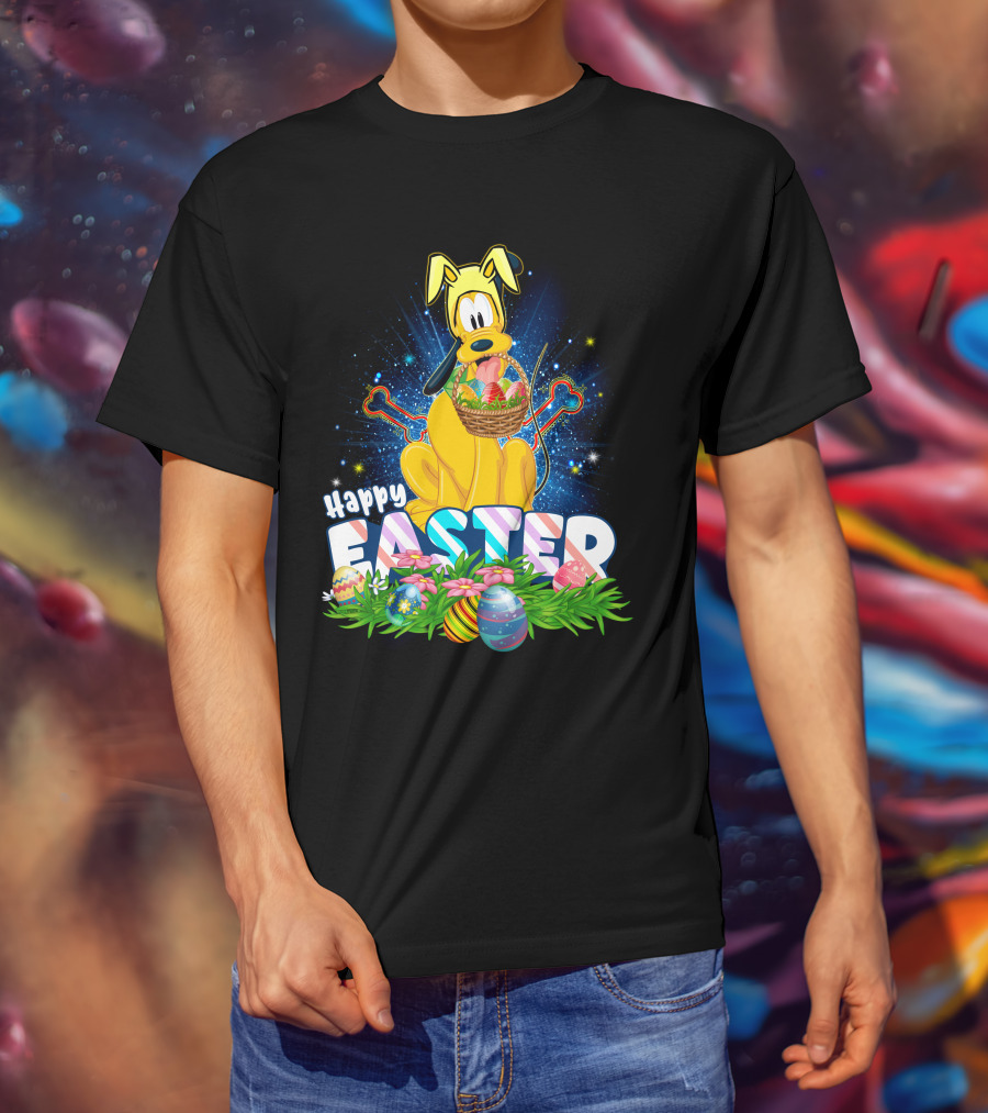 Pluto Happy Easter Basket With Eggs And Flowers T-Shirt