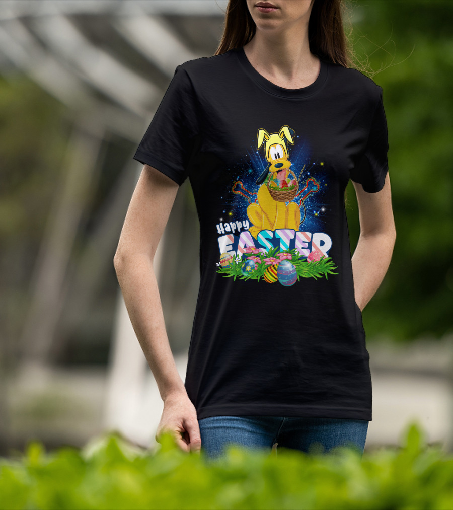 Pluto Happy Easter Basket With Eggs And Flowers T-Shirt