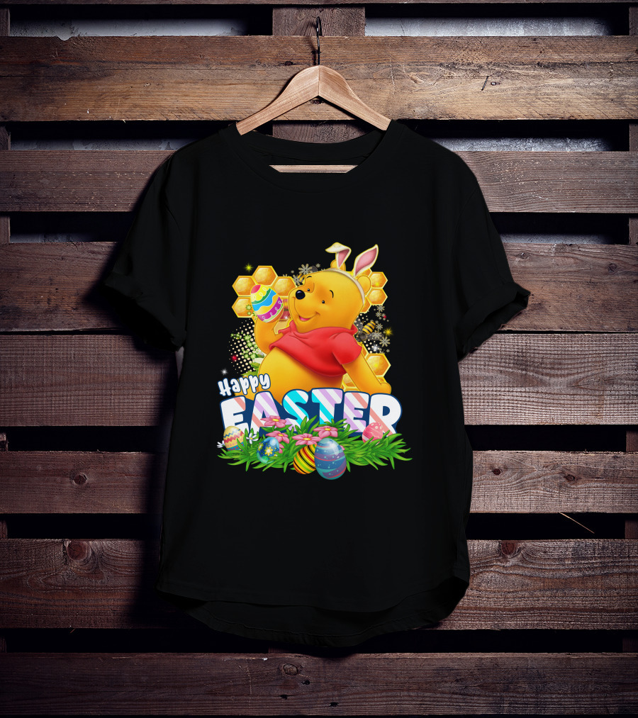 Pooh Happy Easter With Eggs And Honeycomb Background T-Shirt