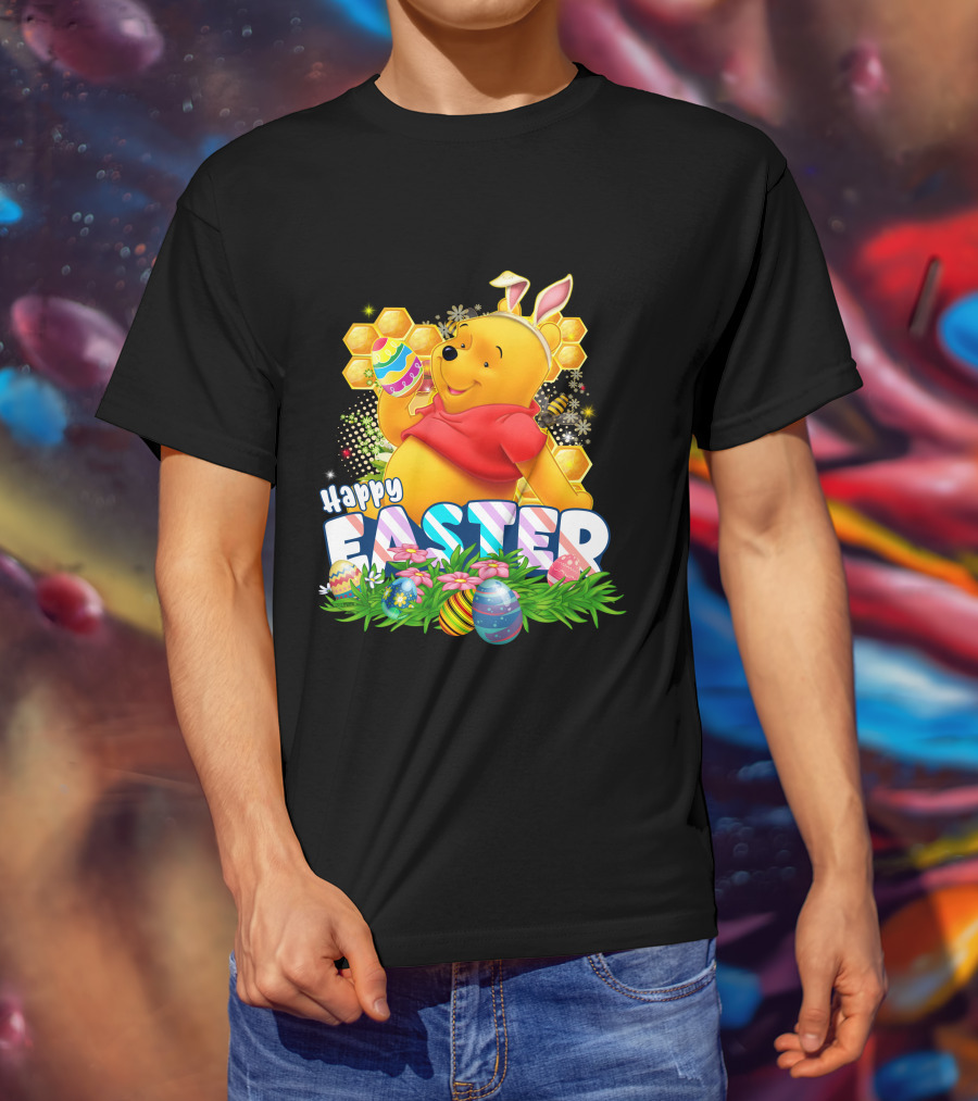 Pooh Happy Easter With Eggs And Honeycomb Background T-Shirt