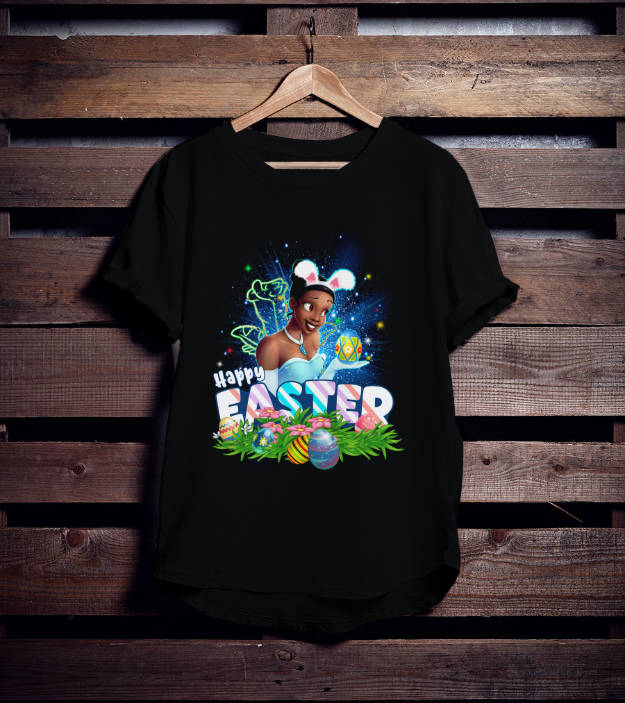 Tiana Happy Easter Bunny Ears Sparkling Eggs And Flowers T-Shirt