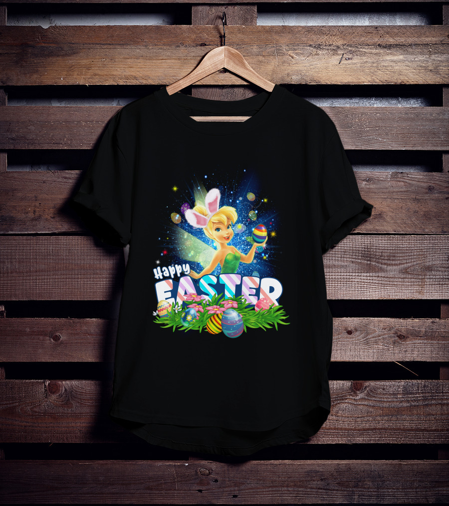 Happy Easter Tinkerbell With Bunny Ears And Colorful Eggs T-Shirt