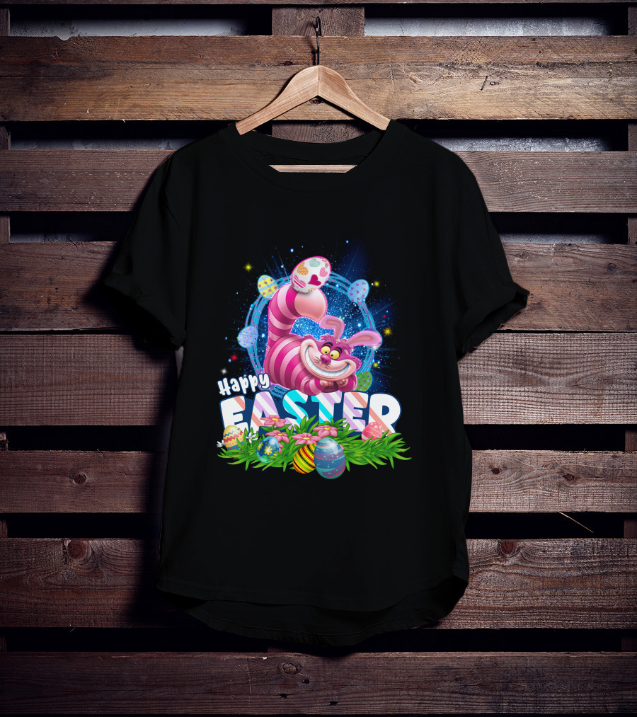 Cheshire Cat Happy Easter Eggs And Flowers T-Shirt