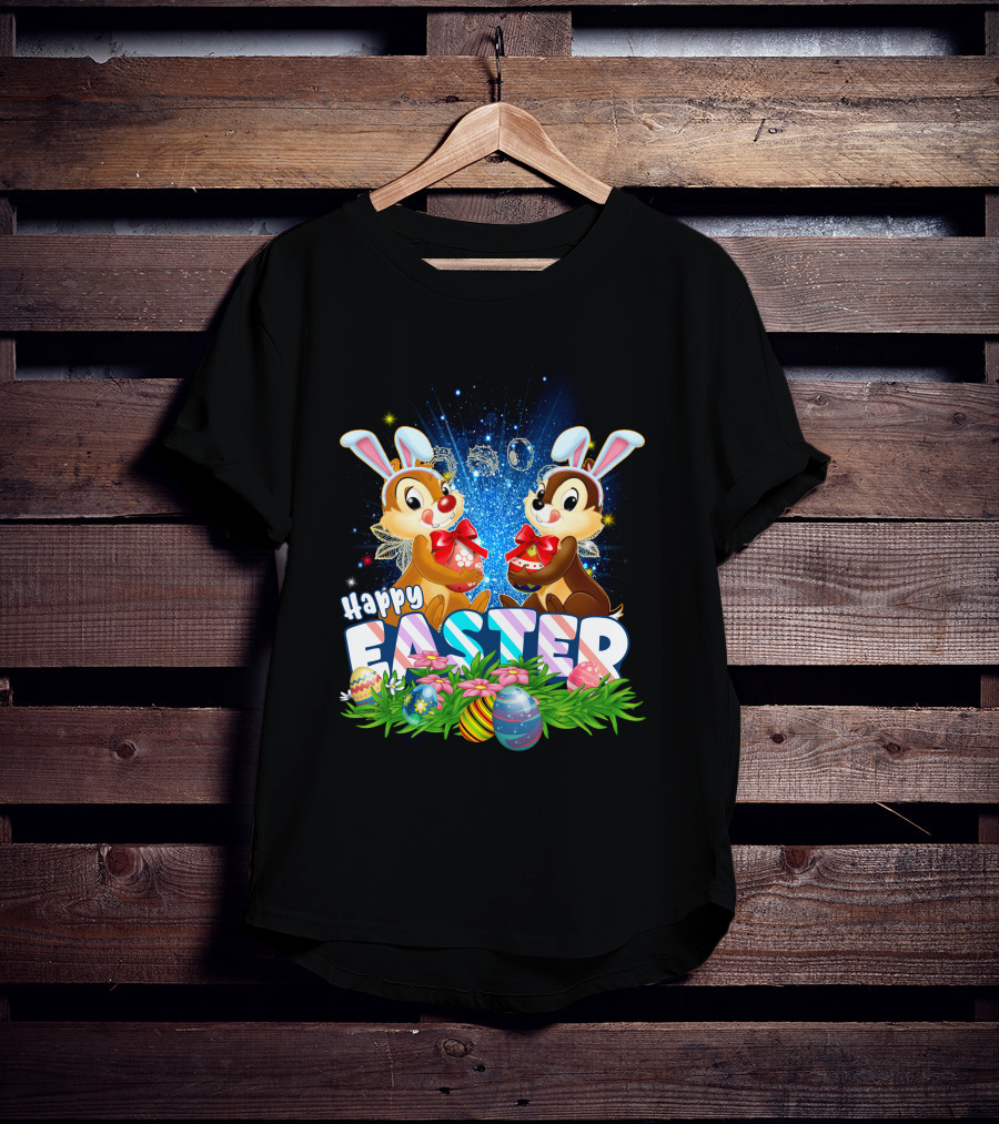 Chip Dale Happy Easter With Bunny Ears And Colorful Eggs T-Shirt