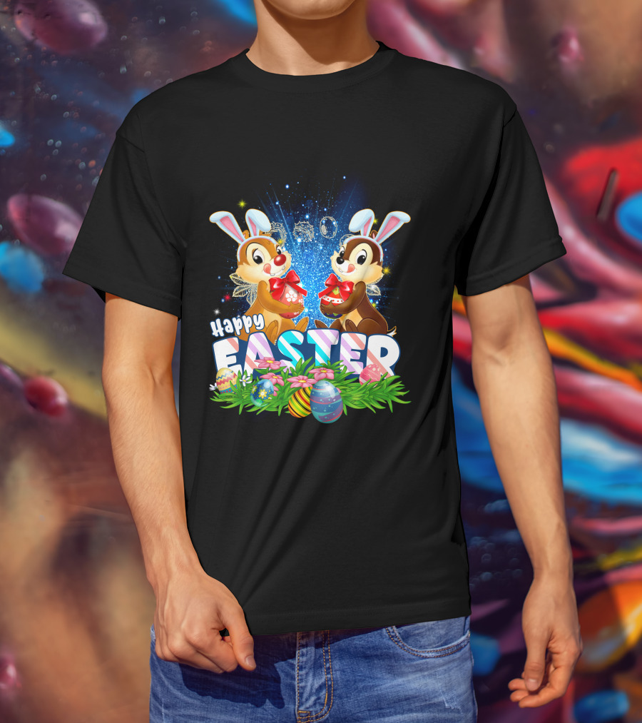 Chip Dale Happy Easter With Bunny Ears And Colorful Eggs T-Shirt