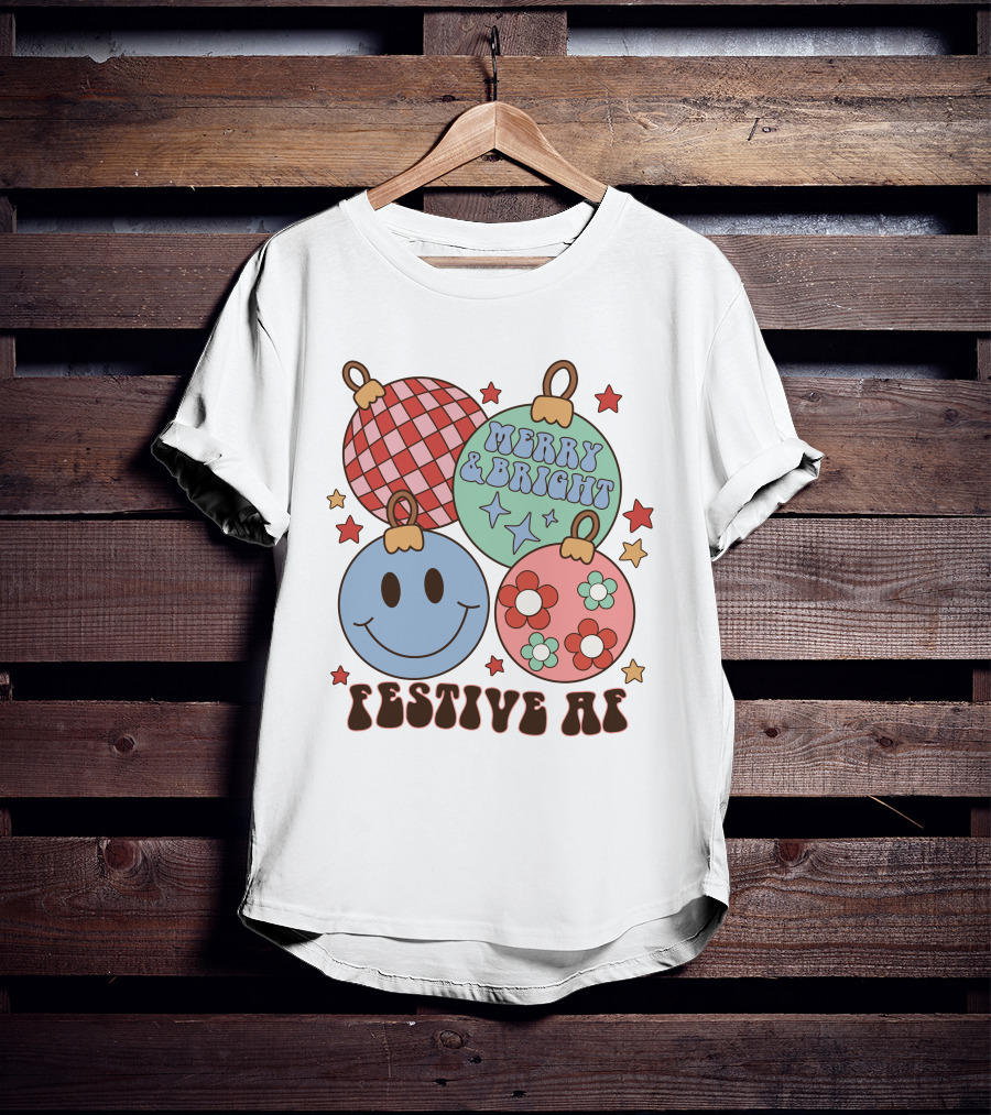 Festive AF Merry And Bright Smiley Ornaments T-Shirt