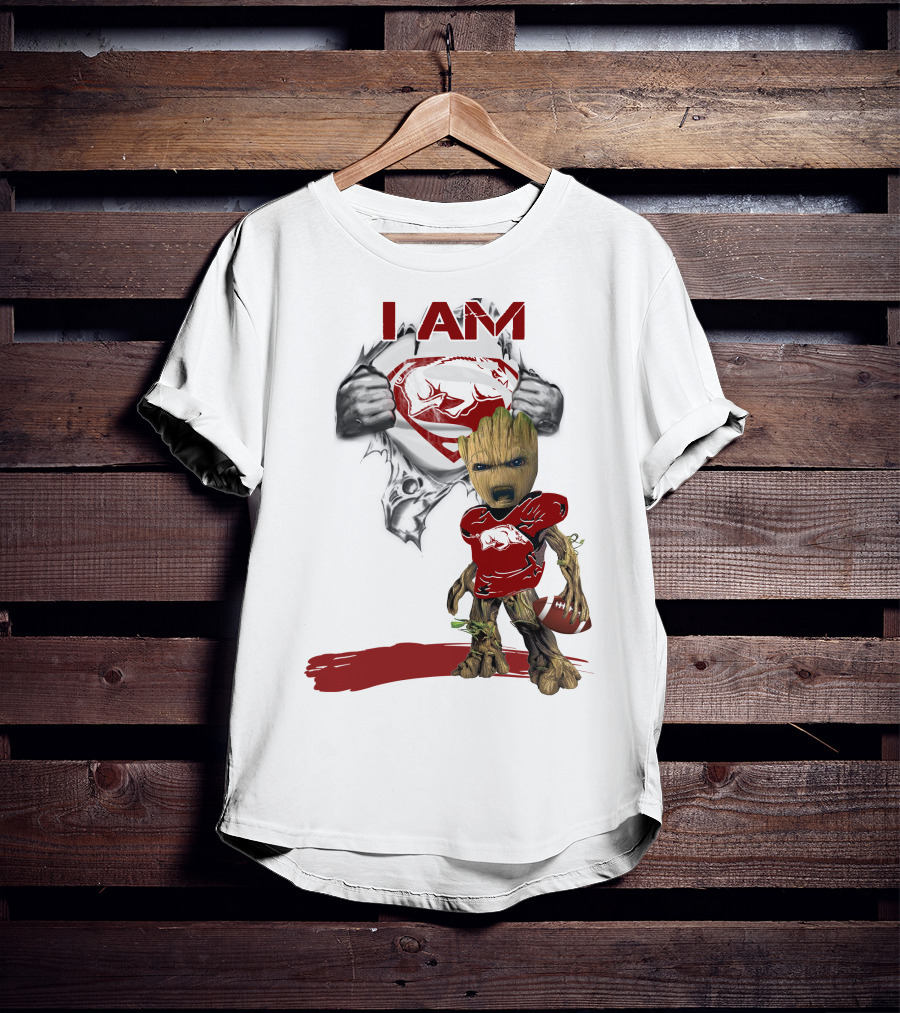 I AM Arkansas Razorbacks Baby Groot Superman T-Shirt