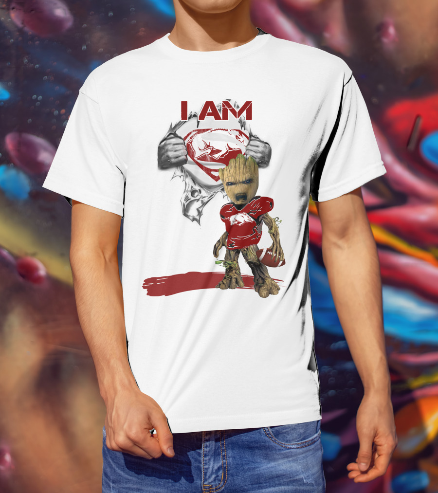 I AM Arkansas Razorbacks Baby Groot Superman T-Shirt