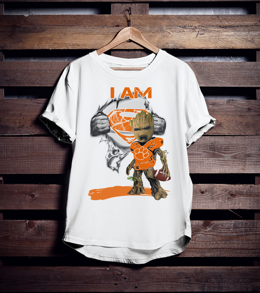 I Am Clemson Baby Groot Superman Football T-Shirt