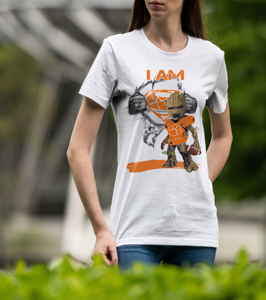 I Am Clemson Baby Groot Superman Football T-Shirt