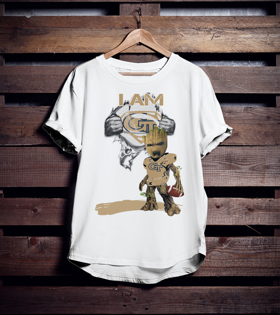 I AM Georgia Tech Baby Groot Superman Football T-Shirt
