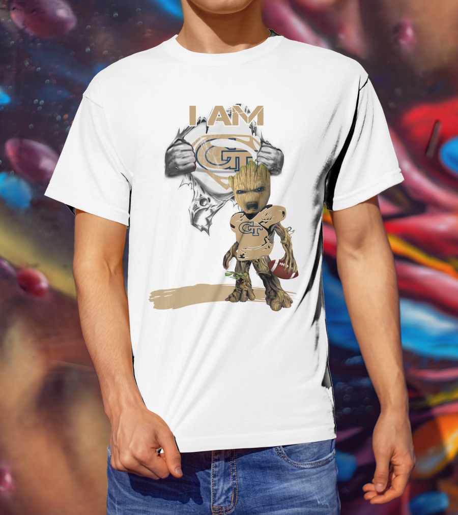 I AM Georgia Tech Baby Groot Superman Football T-Shirt