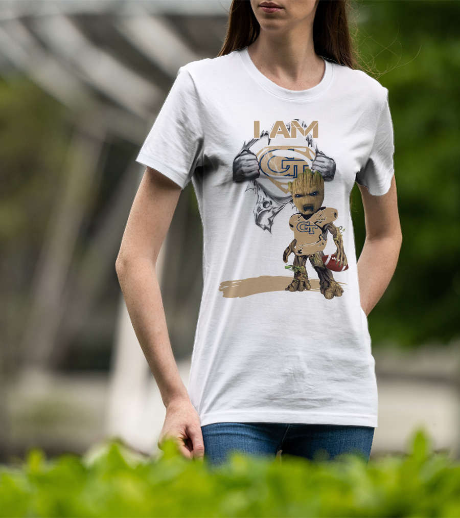 I AM Georgia Tech Baby Groot Superman Football T-Shirt
