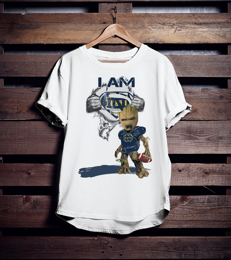 I Am Notre Dame ND Baby Groot Superman Football T-Shirt