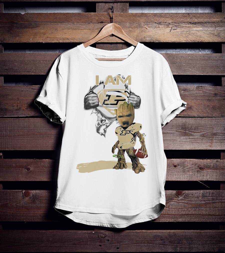 I AM Purdue Baby Groot With Football Superman T-Shirt