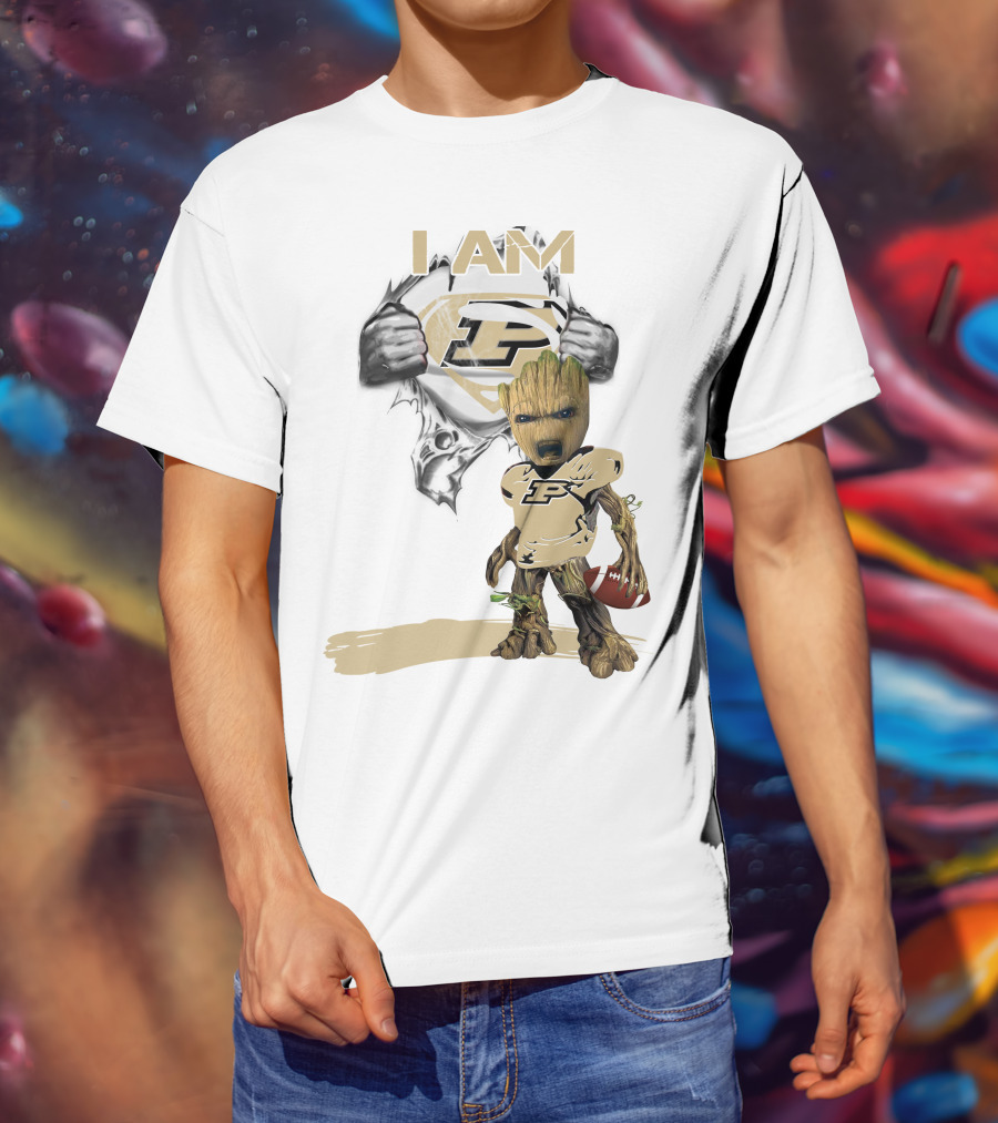 I AM Purdue Baby Groot With Football Superman T-Shirt