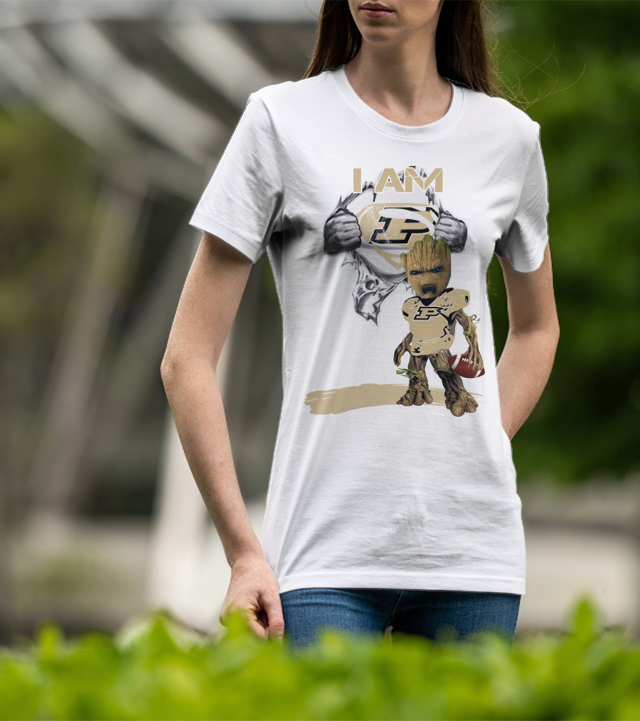 I AM Purdue Baby Groot With Football Superman T-Shirt