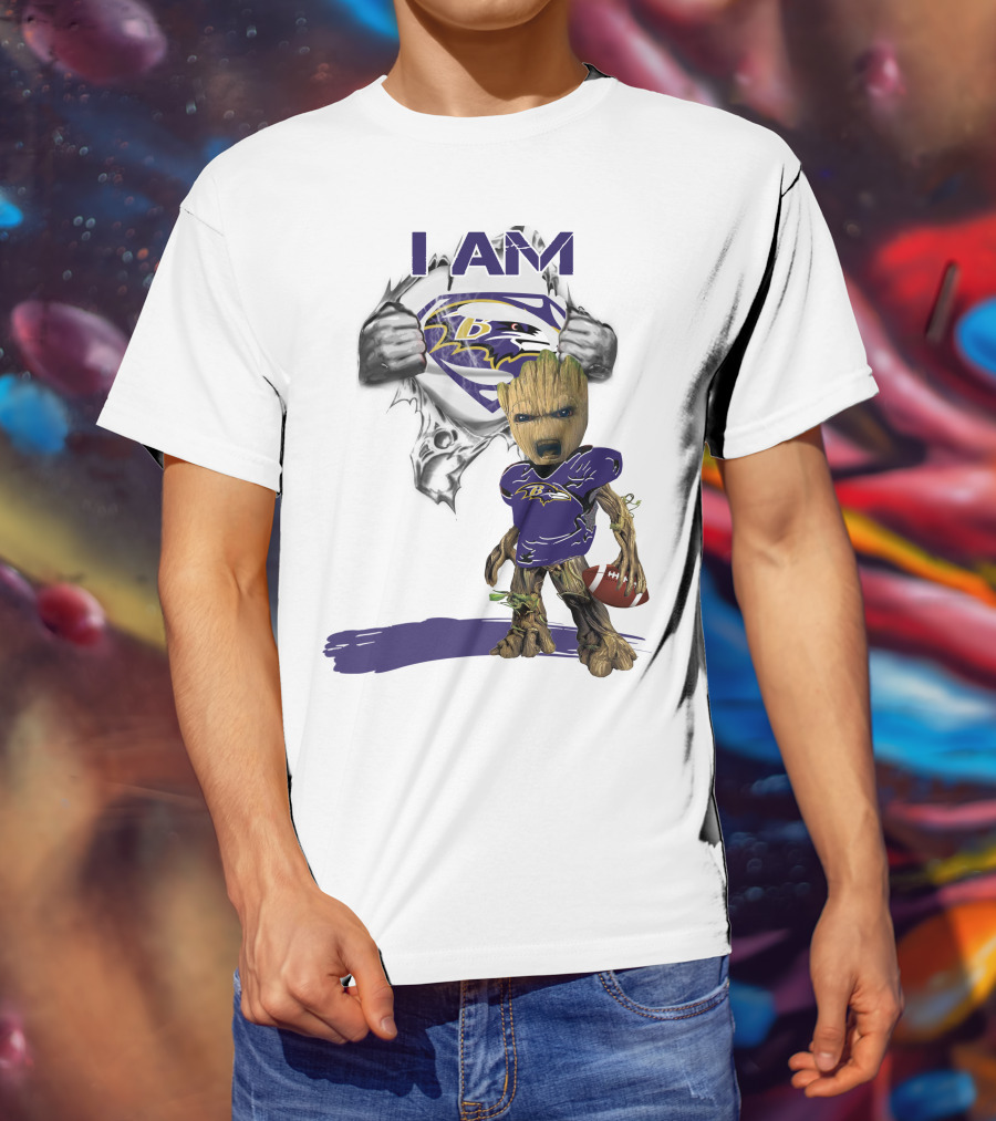 I Am Ravens Baby Groot Superman Football Ravens T-Shirt