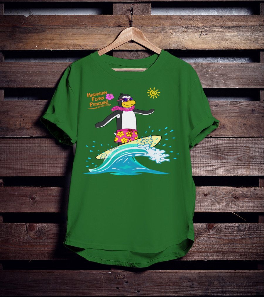 Hawaiian Flynn Penguin Surfing With Floral Lei And Sunglasses T-Shirt