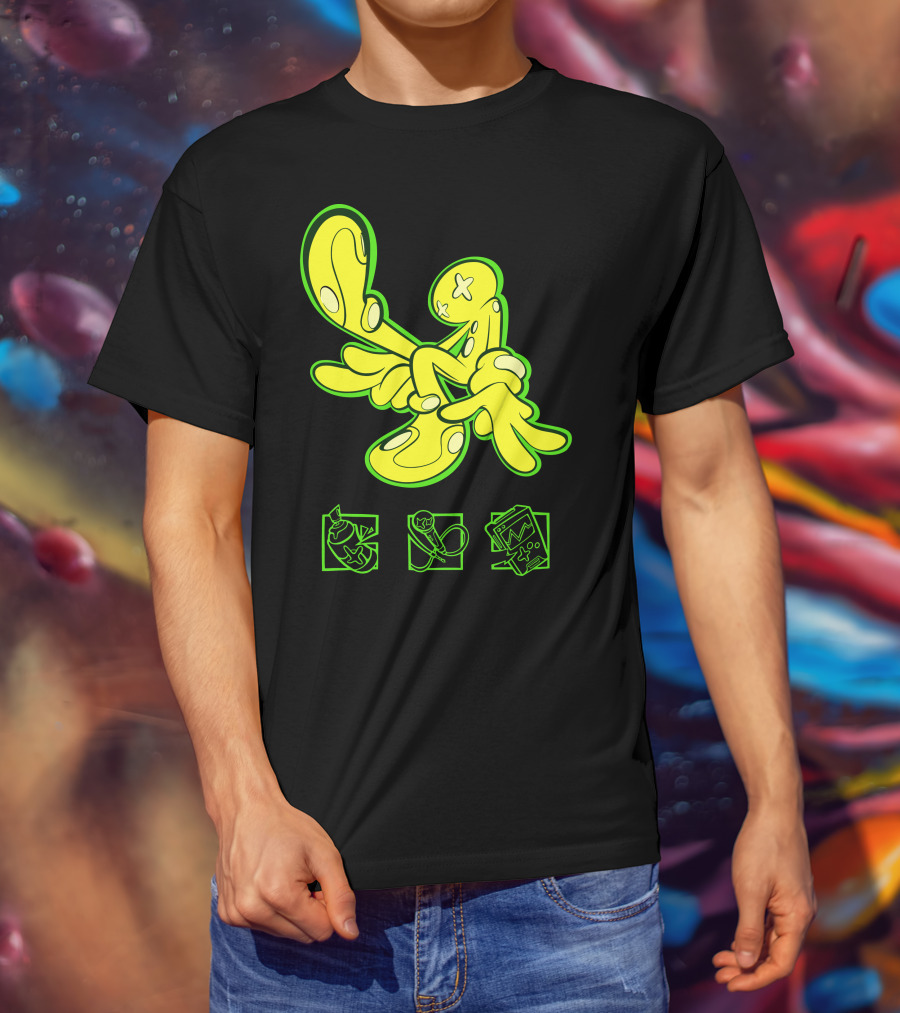 OFFCANNY Neon Cartoon Figure With Iconic Symbols T-Shirt