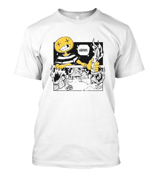 OFFCANNY New Merch Whoops Smiling Figure With Flaming Houses And Bottle T-Shirt