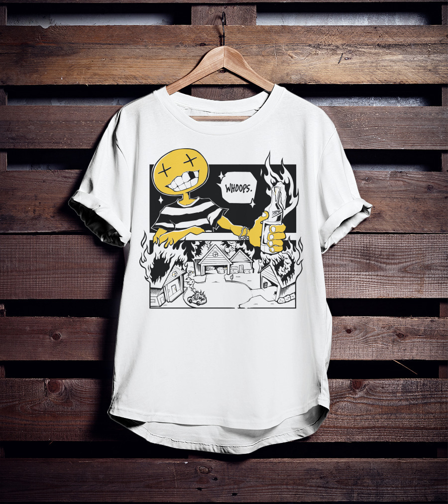 OFFCANNY New Merch Whoops Smiling Figure With Flaming Houses And Bottle T-Shirt