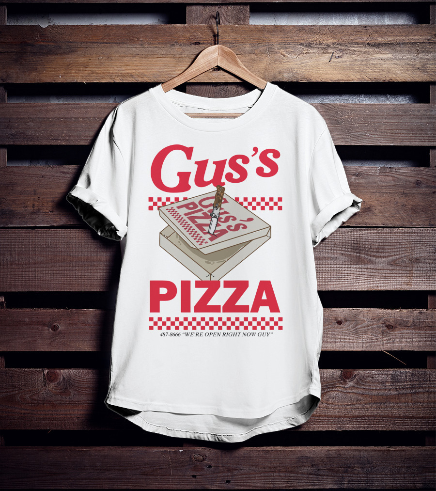 Gus's Pizza Box Knife 487-8666 We're Open Right Now Guy T-Shirt