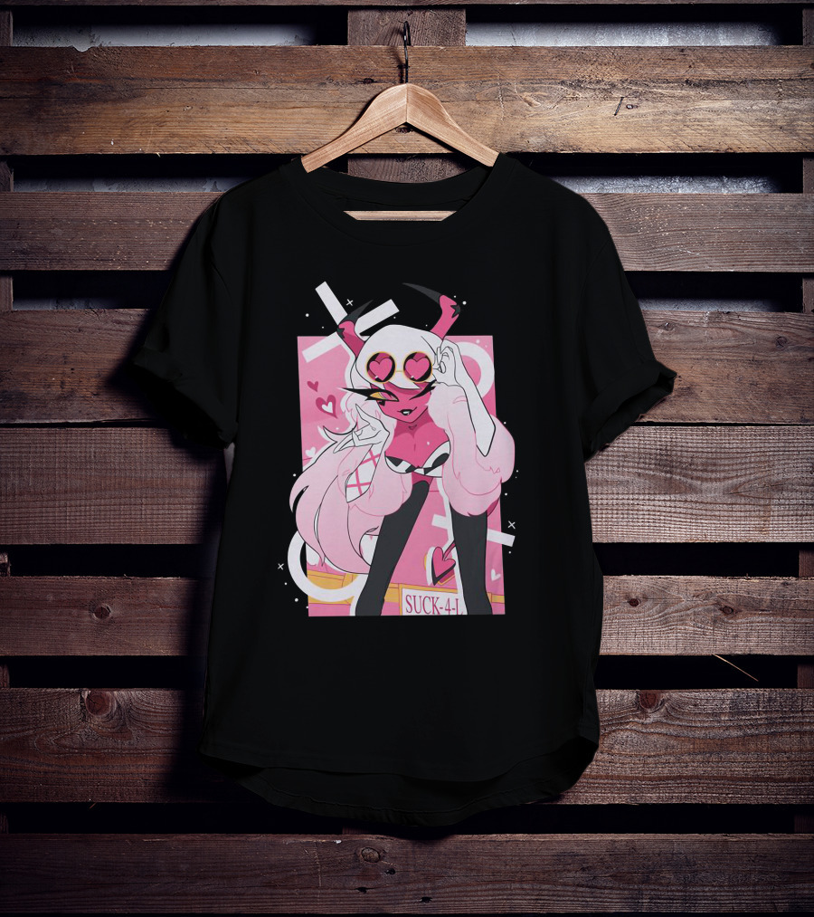 Helluva Boss Mrs Mayberry Suck-4-L<3 Hearts Pink And White Demon Character T-Shirt