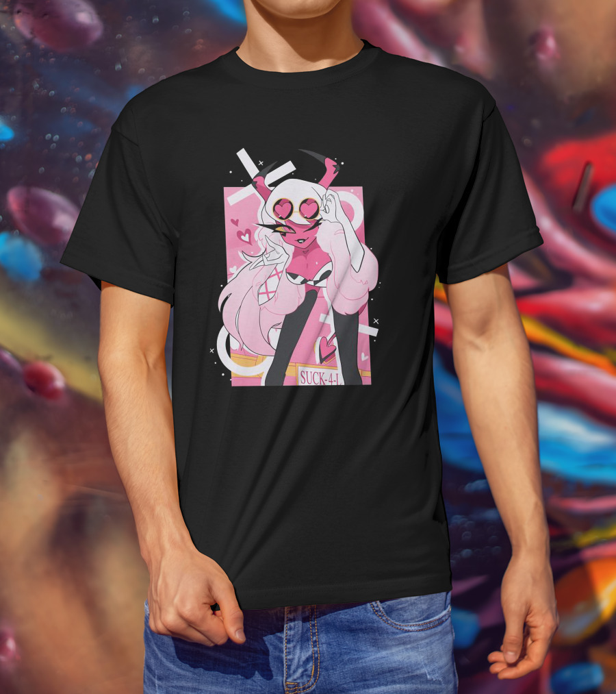 Helluva Boss Mrs Mayberry Suck-4-L<3 Hearts Pink And White Demon Character T-Shirt