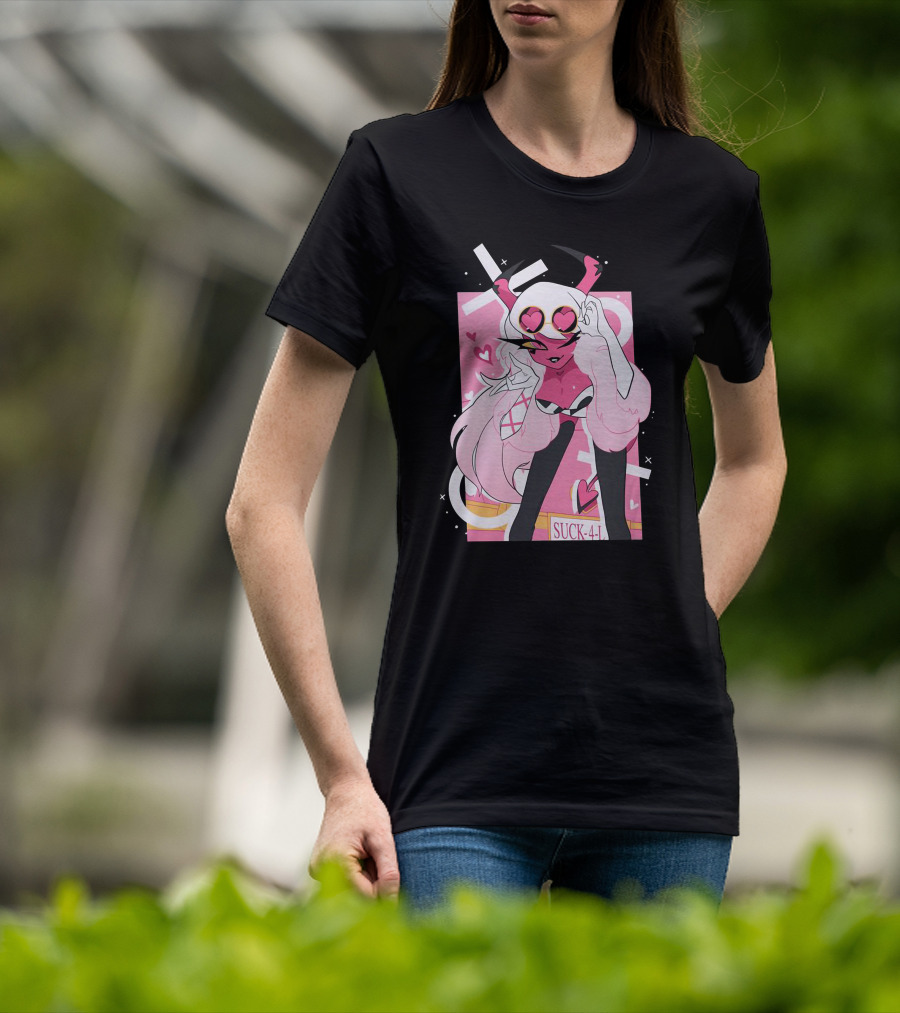 Helluva Boss Mrs Mayberry Suck-4-L<3 Hearts Pink And White Demon Character T-Shirt