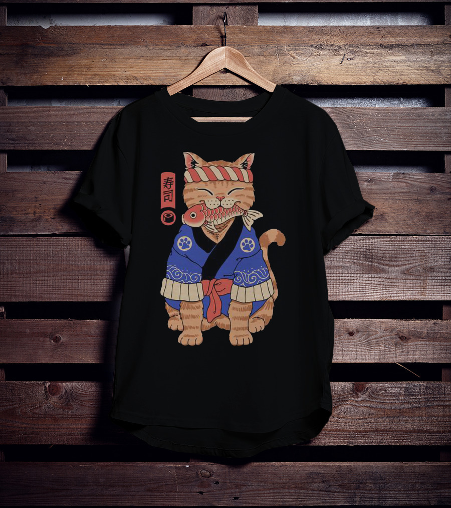 Sushi Cat In Traditional Japanese Outfit With Fish And Kanji T-Shirt