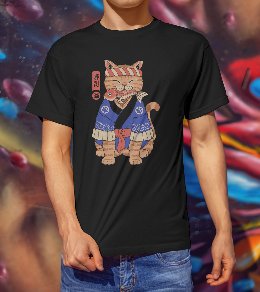 Sushi Cat In Traditional Japanese Outfit With Fish And Kanji T-Shirt