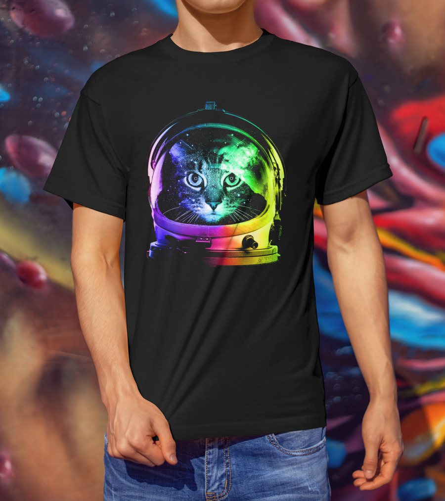 Astronaut Cat Classic Funny Cat In Space Helmet With Rainbow Glow T-Shirt