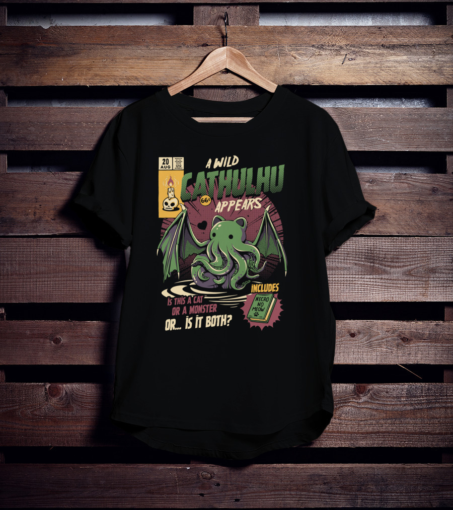 A Wild Cathulhu Appears Cat Or Monster Includes Necro No Meow T-Shirt