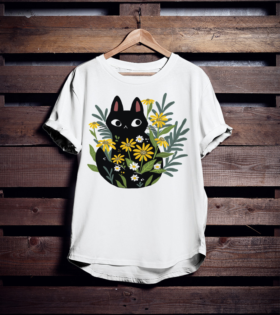 Black Cat With Flowers Essential Cute Funny Cat Illustration Floral T-Shirt