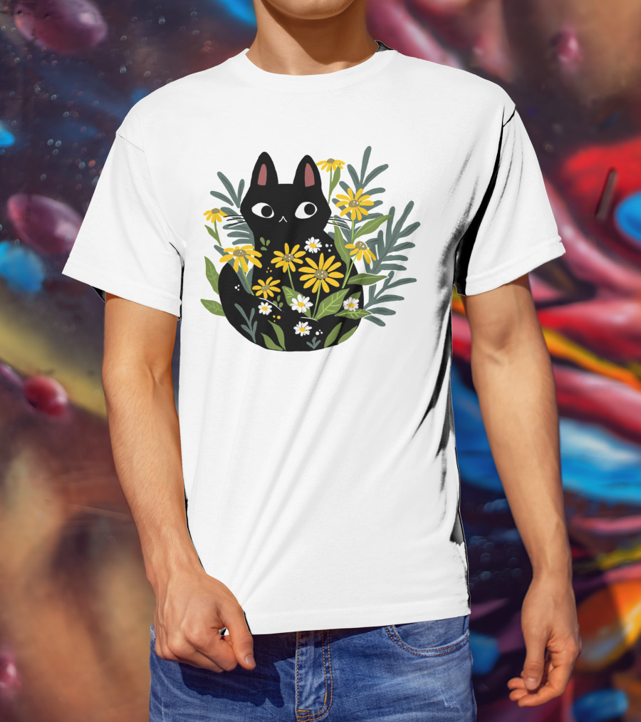 Black Cat With Flowers Essential Cute Funny Cat Illustration Floral T-Shirt