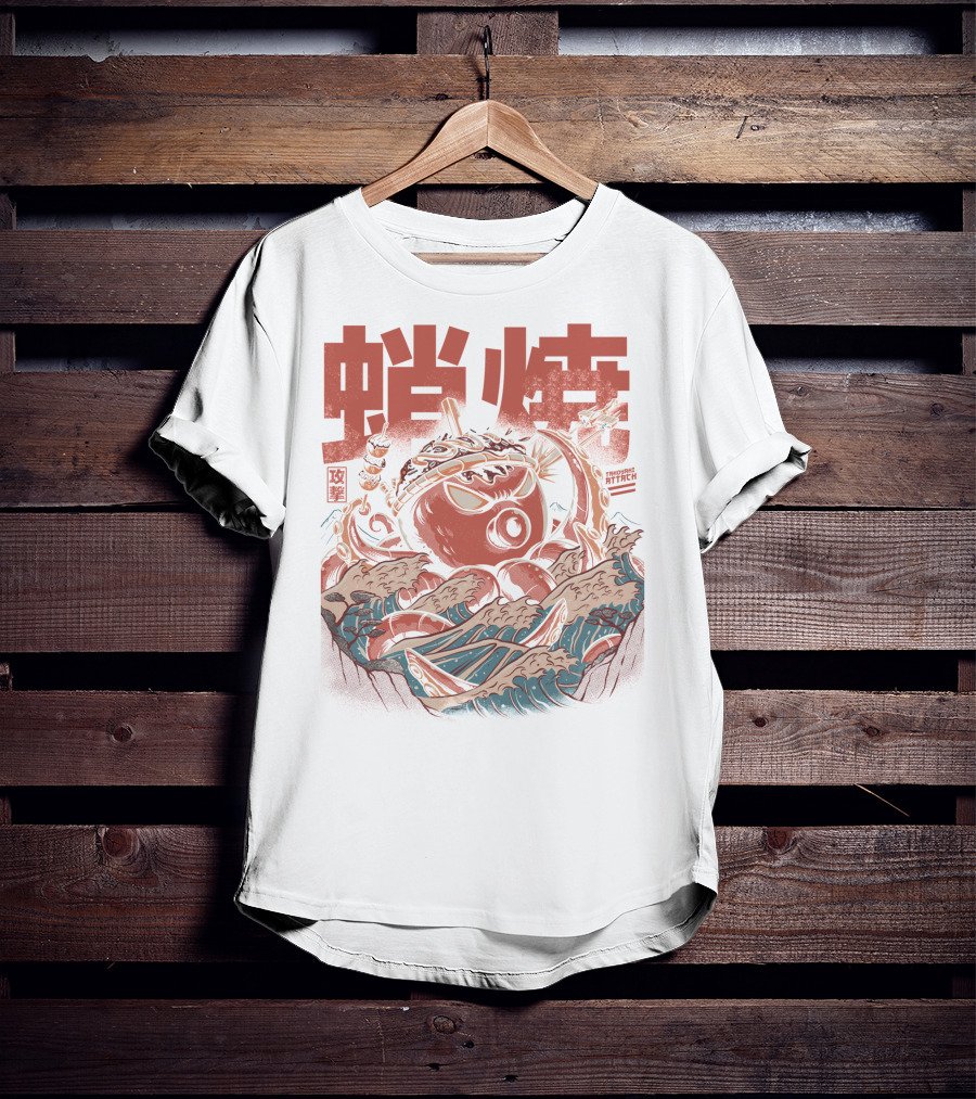 Takoyaki Attack Black Version Active Octopus Waves Kanji Sea T-Shirt