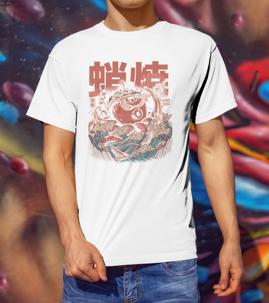 Takoyaki Attack Black Version Active Octopus Waves Kanji Sea T-Shirt