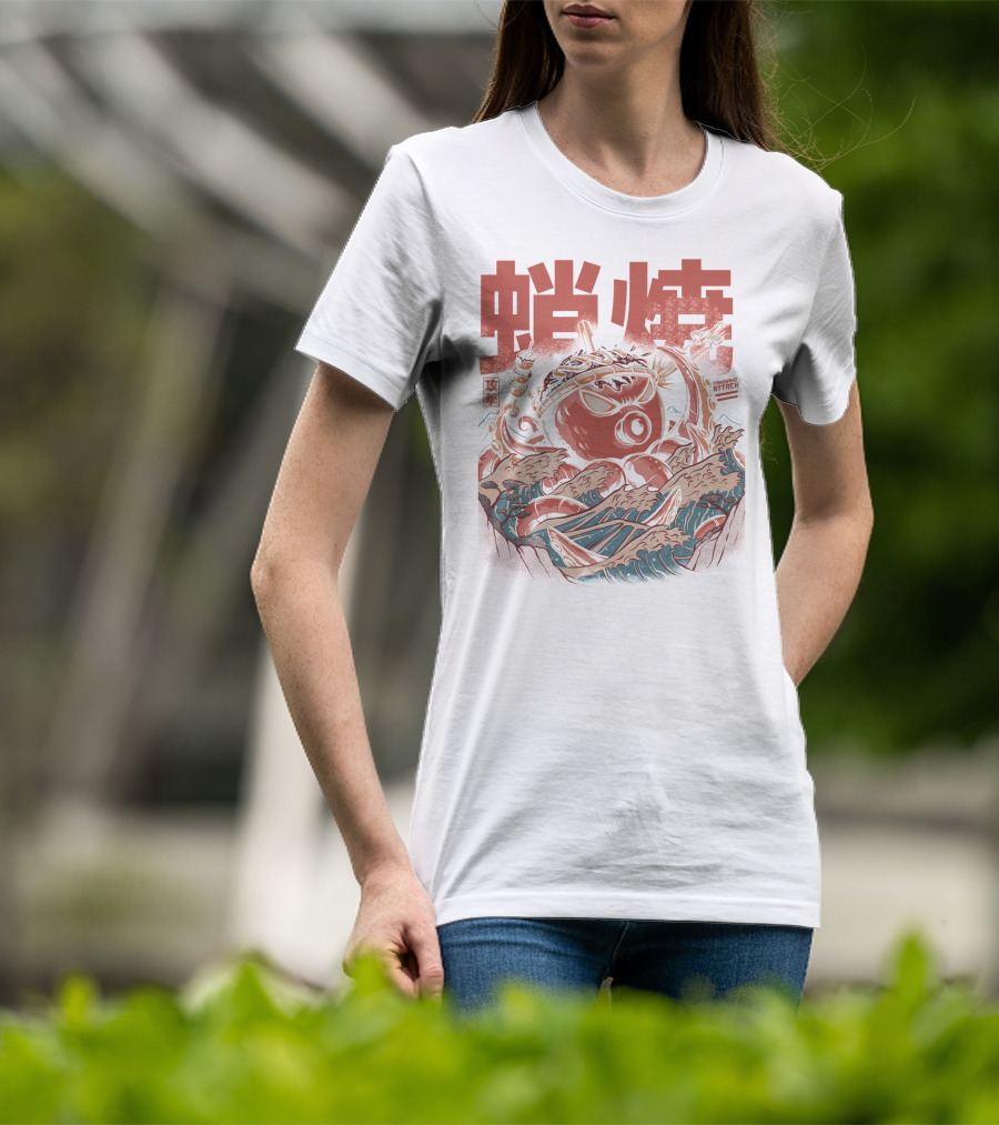 Takoyaki Attack Black Version Active Octopus Waves Kanji Sea T-Shirt