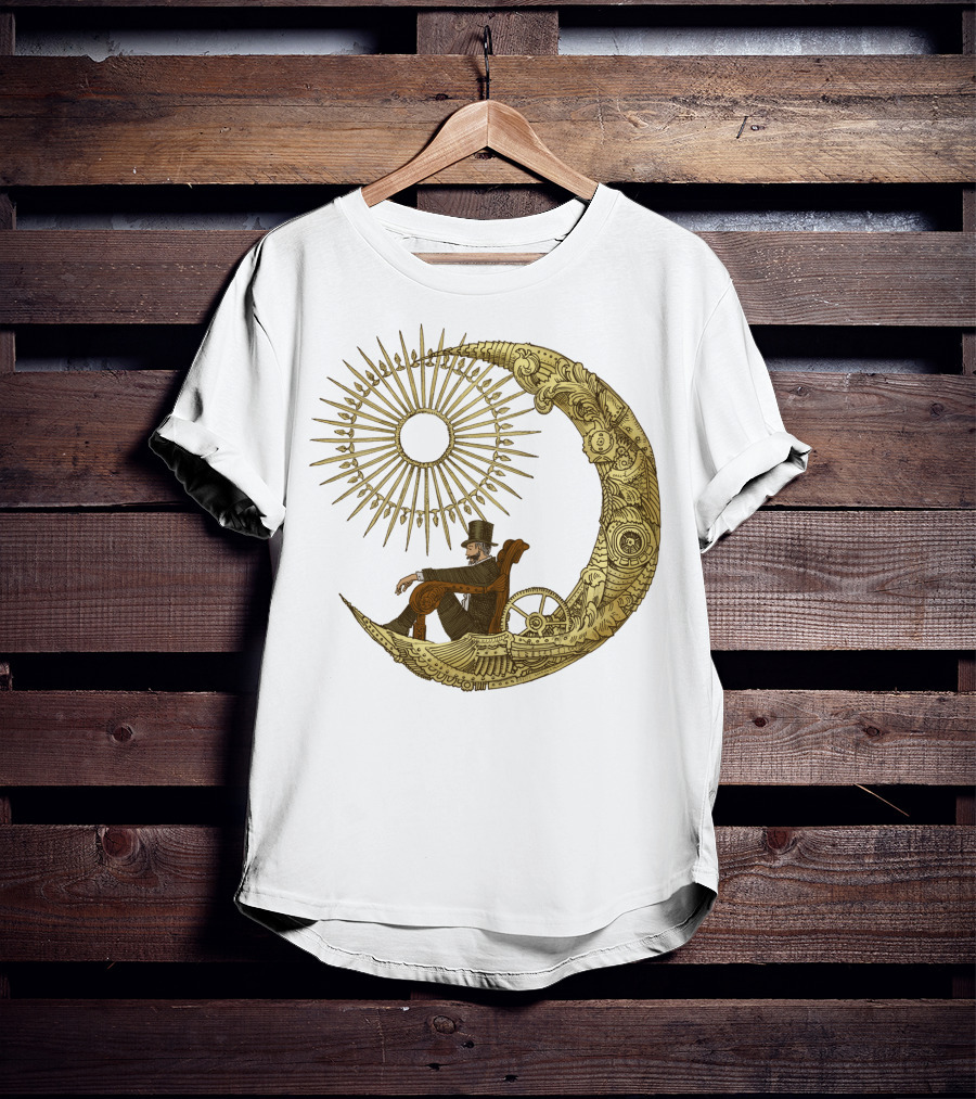 Victorian Gentleman On Ornate Crescent Moon With Sunburst - Moon Travel T-Shirt